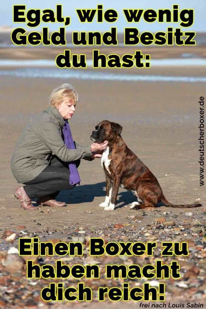 Eine Frau streichelt ihren Boxer am Strand